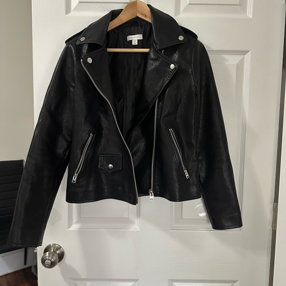 Topshop Black Leather Jacket Asymmetrical Zipper Lapel Collar - Picture 1 of 3